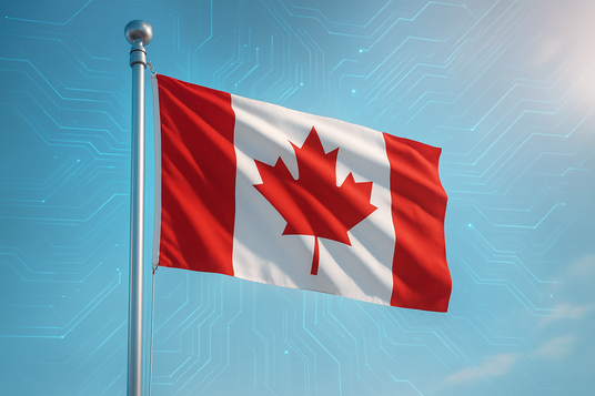 Canadian flag waving against a blue sky with digital pattern